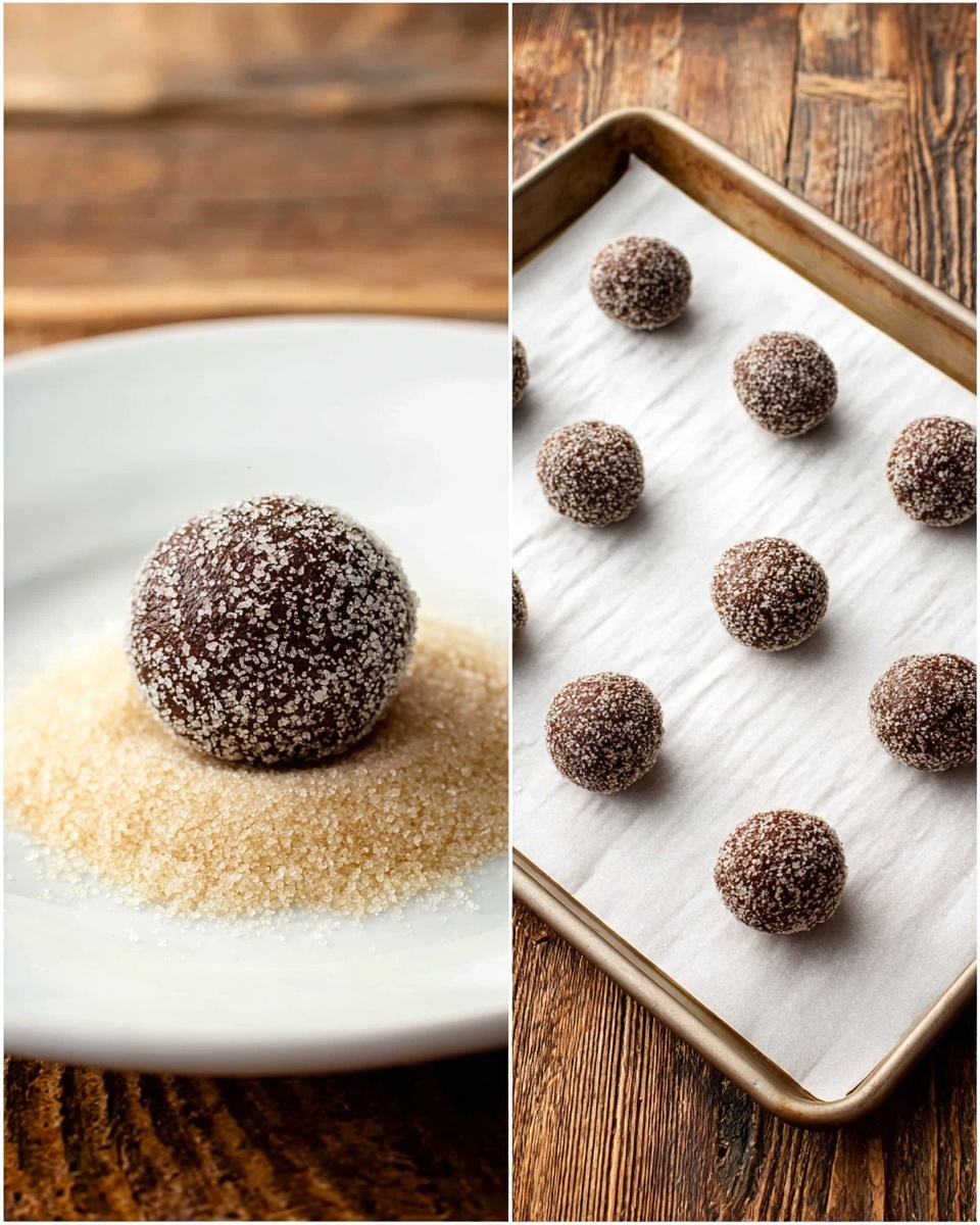 The image on the left shows a single dark brown round chocolate ball covered in light beige sugar crystals sitting in a small pile of sugar on a white plate, all placed on a wooden surface. The image on the right shows a baking tray with parchment paper on top, holding twelve evenly spaced dark brown round chocolate balls, each also coated in the same light beige sugar crystals, on a wooden surface. photo taken with an iphone --ar 4:5 --v 7