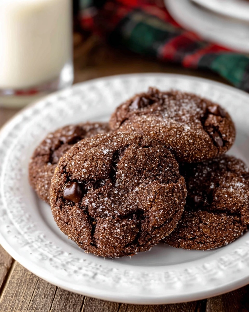 The image shows four dark brown chocolate cookies with a rough, sugary texture on top, placed closely together on a white plate with a decorative edge. The cookies have some cracks and visible darker spots where melted chocolate chips appear. The plate is set on a wooden surface, and in the background, there is a glass of milk. The cookies look soft and slightly thick with a sparkling sugar crust that adds a bit of shine. Photo taken with an iphone --ar 4:5 --v 7