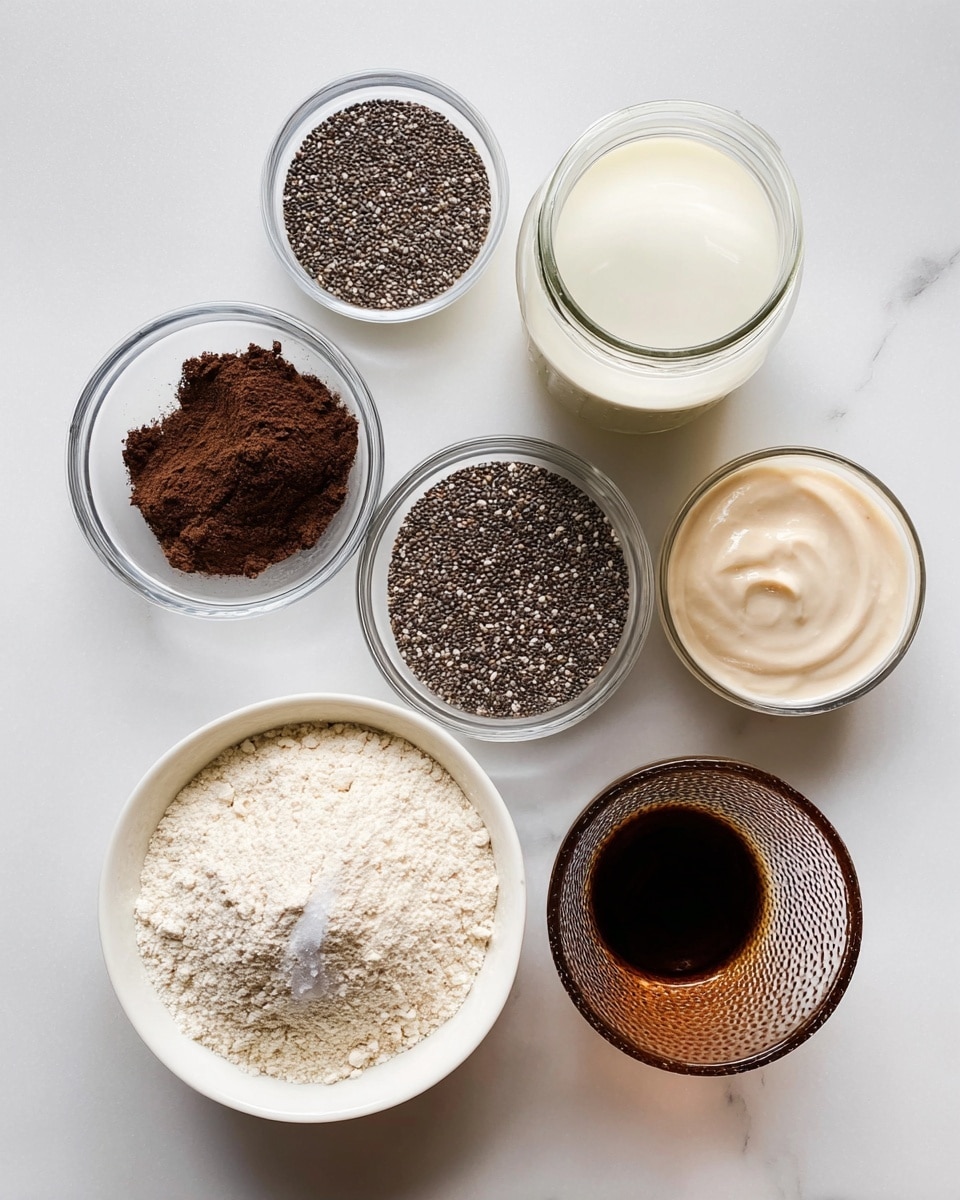 The image shows six clear and white bowls and a glass cup placed on a white marbled surface. One white bowl contains light beige flour with salt on top, positioned in the center at the bottom. To the left of it, a clear bowl holds dark brown cocoa powder. Above that, a white bowl contains dark chia seeds. At the top center, there is a glass jar filled with white liquid. To the right of the jar, a clear bowl is filled with smooth, light beige cream. On the right bottom side, a textured clear glass cup is filled with dark brown liquid. The arrangement forms a circular pattern overall. Photo taken with an iphone --ar 4:5 --v 7