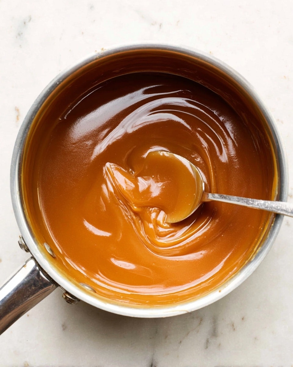A shiny, smooth caramel sauce fills a silver pot, its rich amber color swirling as a silver spoon stirs it gently within the mix. The surface catches the light, showing a thick, glossy texture that looks creamy and soft. The pot sits on a white marbled surface, creating a clean and bright background that highlights the deep golden brown shade of the caramel. photo taken with an iphone --ar 4:5 --v 7
