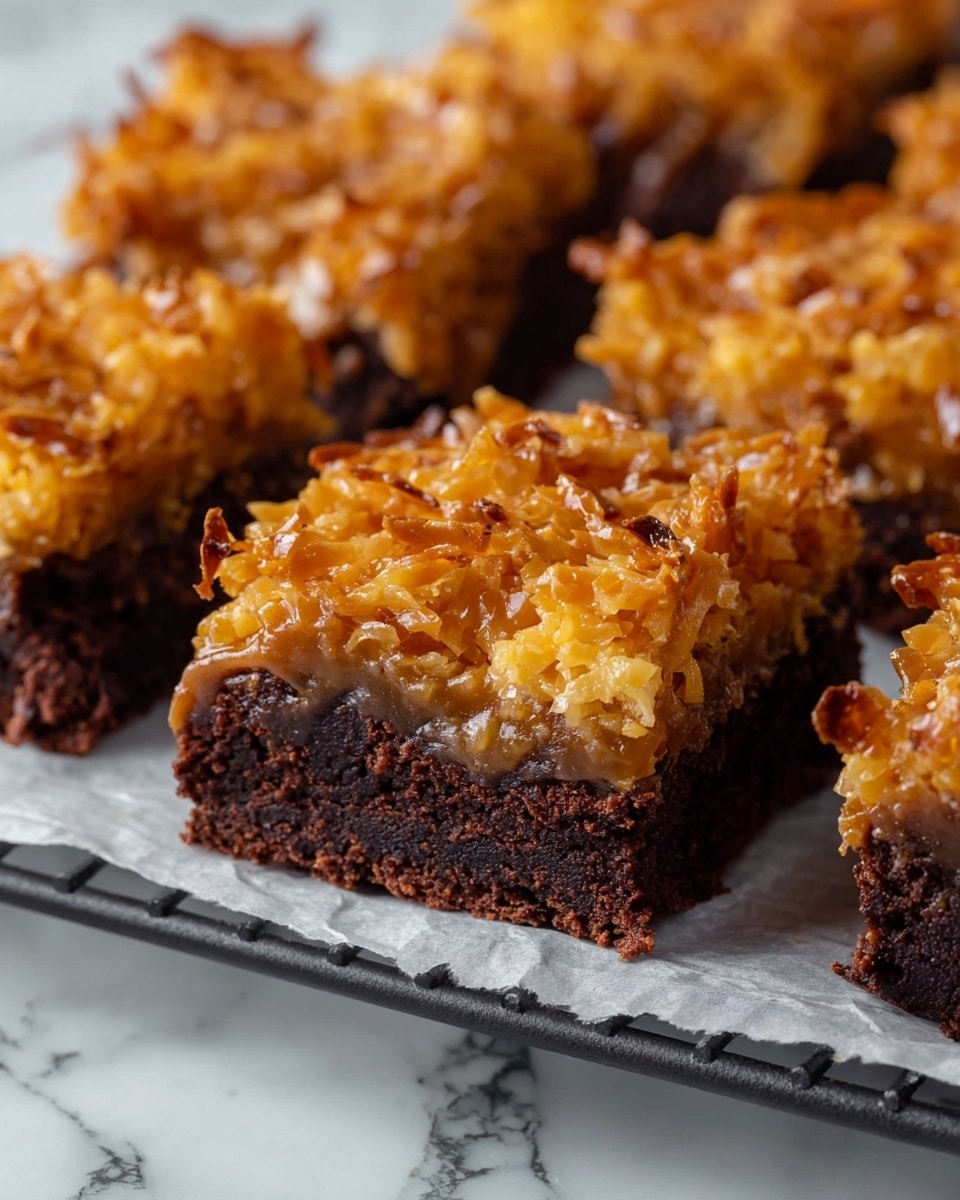 The image shows a close-up of several square dessert bars with two visible layers. The bottom layer is dark brown, dense, and moist, resembling a chocolate brownie texture. The top layer is thick and golden-brown with a glossy, sticky texture made of shredded, toasted coconut mixed in a caramel-like sauce. The pieces are placed on white parchment paper over a dark wire cooling rack. The background features a white marbled surface. The focus is sharp on the front piece and gradually softens toward the back. Photo taken with an iphone --ar 4:5 --v 7
