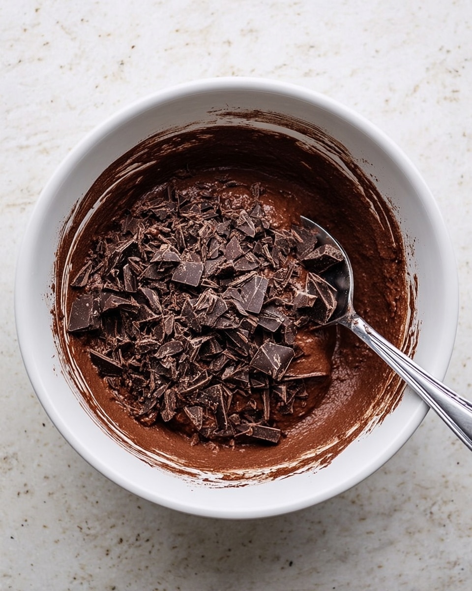 A white mixing bowl filled with thick dark brown chocolate batter that has a smooth texture, topped with a layer of chopped dark chocolate pieces that are uneven in size and scattered on top center. Inside the bowl is a silver spoon partially dipped into the batter on the right side, with some streaks of batter along the inner walls. The bowl sits on a white marbled surface that looks clean and bright. photo taken with an iphone --ar 4:5 --v 7
