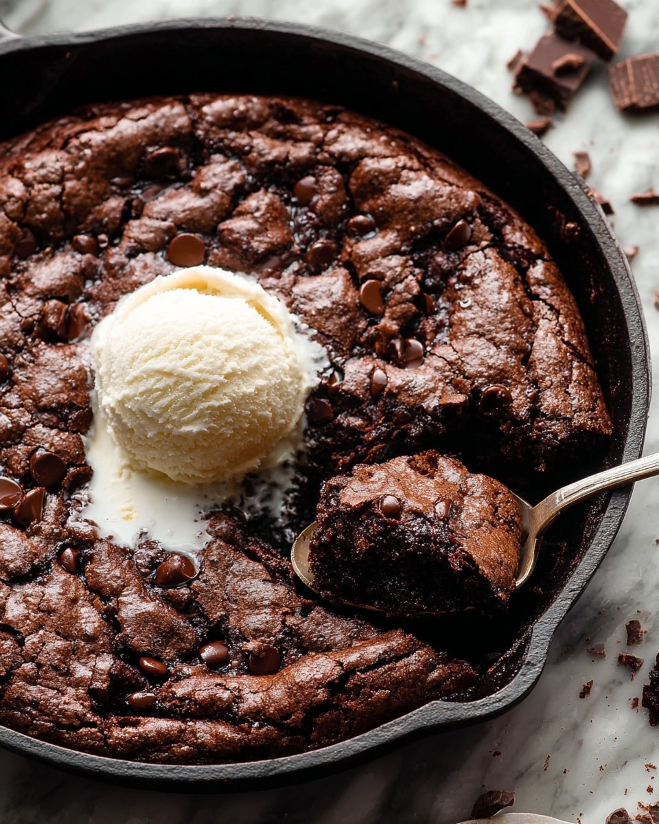 A close-up view of a large, dark brown chocolate cookie baked in a black skillet, showing a rough and slightly cracked surface with scattered melted chocolate chunks. A single scoop of creamy white vanilla ice cream sits on top in the center, slowly melting and creating a small pool of cream. A spoon is digging into the bottom right part of the cookie, lifting a dense, moist piece that reveals a darker, fudgy inside texture. The background is a white marbled surface with some scattered chocolate pieces around the skillet. Photo taken with an iphone --ar 4:5 --v 7