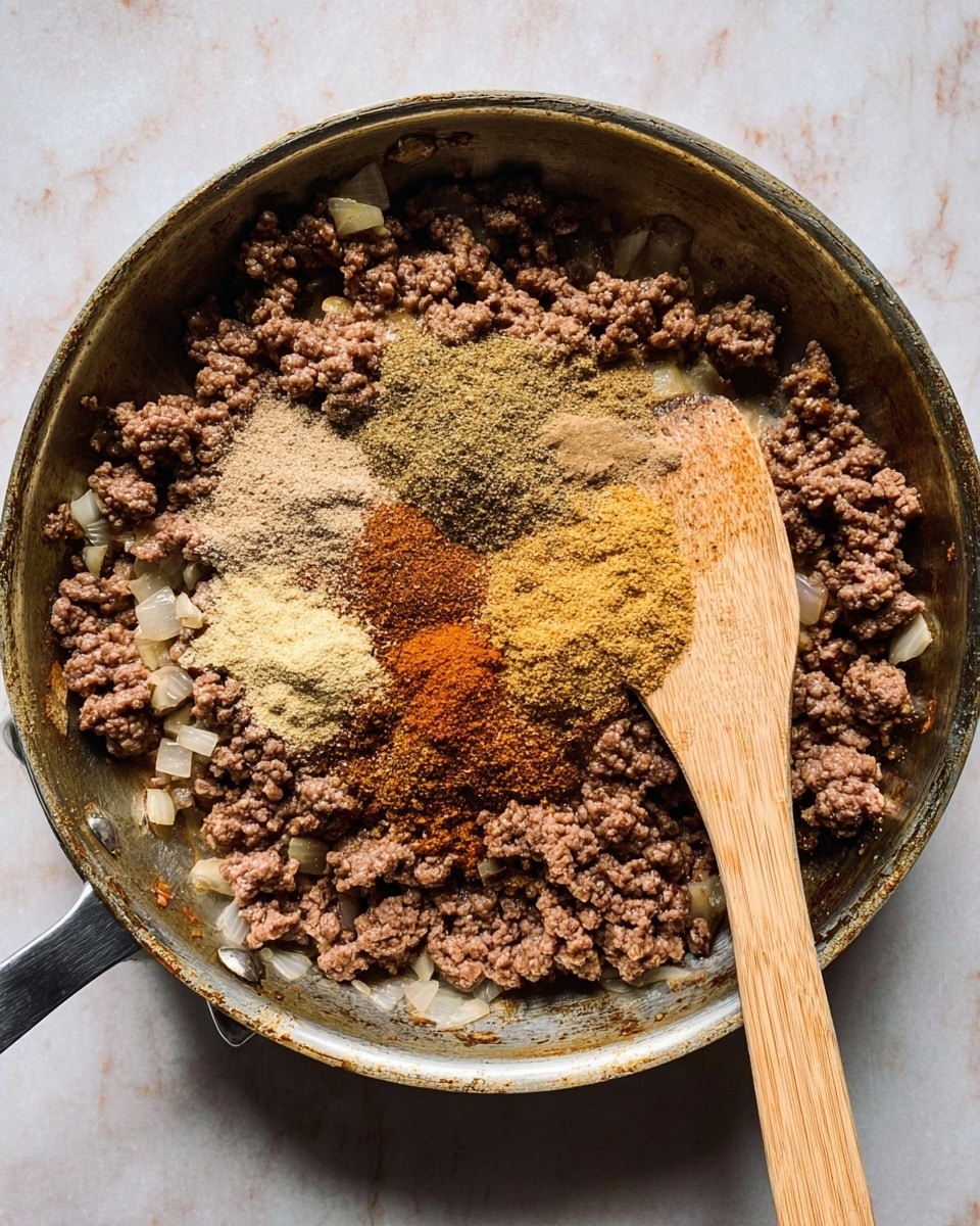 A large metal pan filled with cooked ground meat and small pieces of cooked onion forms the base layer. On top of the meat in the center, there is a mound of various dry spices in different shades of brown, yellow, and reddish colors, showing different textures from powdery to slightly coarse. A wooden spoon with a light brown handle and darker grip part rests on the right side of the pan, touching the meat and spices. The pan sits on a white marbled surface that contrasts with the food inside. photo taken with an iphone --ar 4:5 --v 7