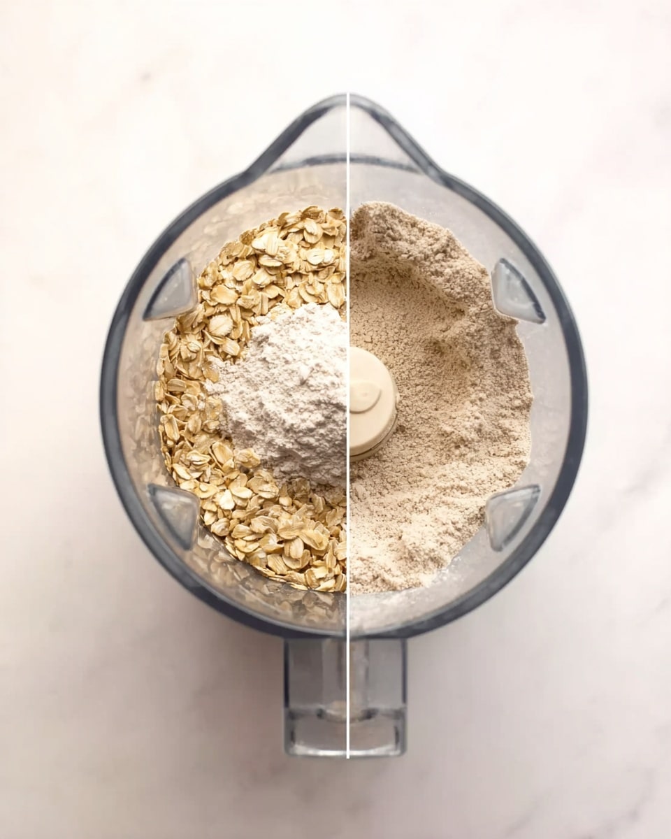 The image shows a top view of a clear blender container on a white marbled surface. On the left, the blender is filled with a mix of dry rolled oats and a smaller pile of white powder, placed on top of the oats, creating a two-texture layer with the oats' tan color and the white powder's contrast. On the right, the blender is filled with a smooth, evenly ground light beige powder, with no other visible elements inside. photo taken with an iphone --ar 4:5 --v 7
