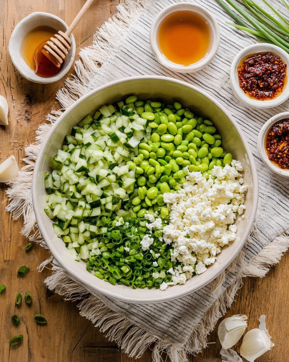 A large white bowl contains four main layers arranged side by side: finely diced light green cucumbers on the top left, bright green edamame beans on the bottom left, finely chopped green onions on the bottom right, and white crumbled cheese on the top right. The bowl sits on a striped beige and white fringed cloth placed on a wooden table. Around the bowl, there are small white dishes with reddish-brown chili paste, light brown honey with a wooden dipper, and light amber liquid, along with scattered green onions and garlic cloves. The photo taken with an iphone --ar 4:5 --v 7