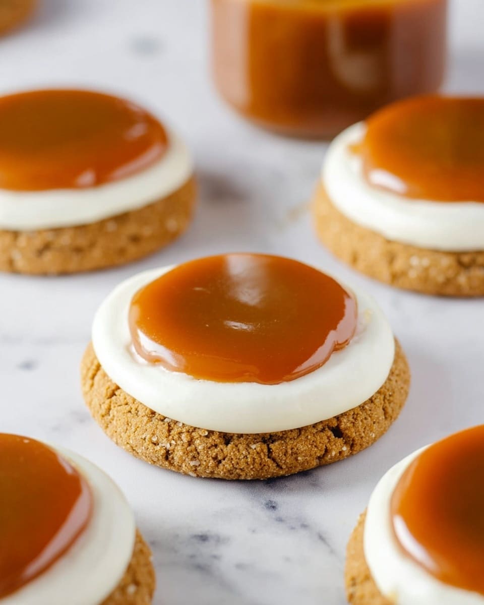 The image shows several round cookies placed on a white marbled surface. Each cookie has two clear layers: the bottom layer is a light brown, crumbly cookie base with a rough texture, while the top layer consists of a smooth, white frosting circle that is thick and evenly spread. On top of the frosting, there is a glossy, deep amber caramel layer that forms a smaller circle, perfectly centered and smooth. In the background, a jar filled with more caramel sauce can be seen slightly blurred. The focus is on the closest cookie in the foreground, showing all layers clearly. The whole setup gives a clean and simple look. photo taken with an iphone --ar 4:5 --v 7