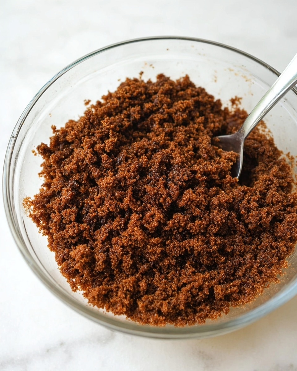 A clear glass bowl filled with a loose, crumbly mixture showing small clumps of fine, dark brown crumbs with a slightly shiny texture. A metal spoon is partially visible on the right side inside the bowl. The bowl is placed on a white marbled surface. photo taken with an iphone --ar 4:5 --v 7