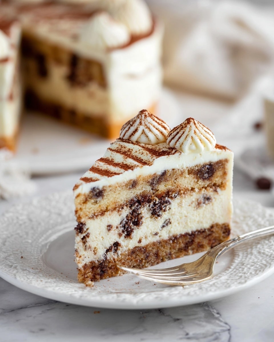 A slice of cake sits on a white plate with a delicate pattern, placed on a white marbled surface. The cake has three visible layers: a crumbly brown base, a thick light cream layer mixed with dark chocolate bits, and a top layer with three thick curved lines of white icing dusted lightly with brown powder. The cake texture looks soft and creamy with chocolate swirls inside. There is a fork next to the slice, and a blurred whole cake with similar white icing is visible in the background. Photo taken with an iphone --ar 4:5 --v 7