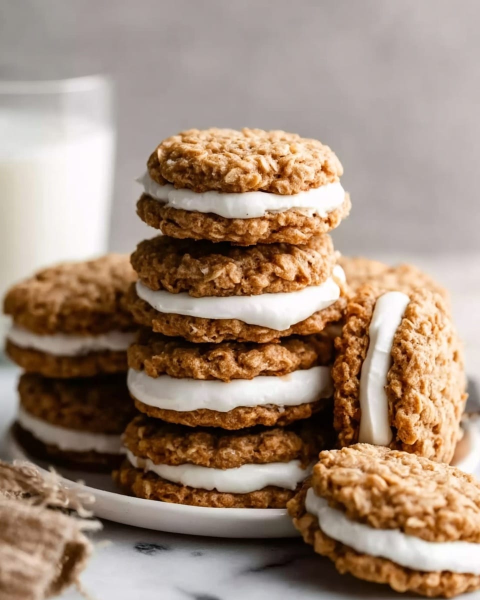 A stack of oatmeal sandwich cookies arranged in a pyramid shape on a white plate, each cookie consisting of two rough-textured, light brown oatmeal layers with visible oats, and a thick, smooth white cream layer in the middle; the cookies have a rustic, homemade look with uneven edges. The plate sits on a white marbled surface, and in the background, there is a blurry glass of milk creating a soft contrast. A woman's hand is gently holding one cookie at the side of the stack. Photo taken with an iphone --ar 4:5 --v 7