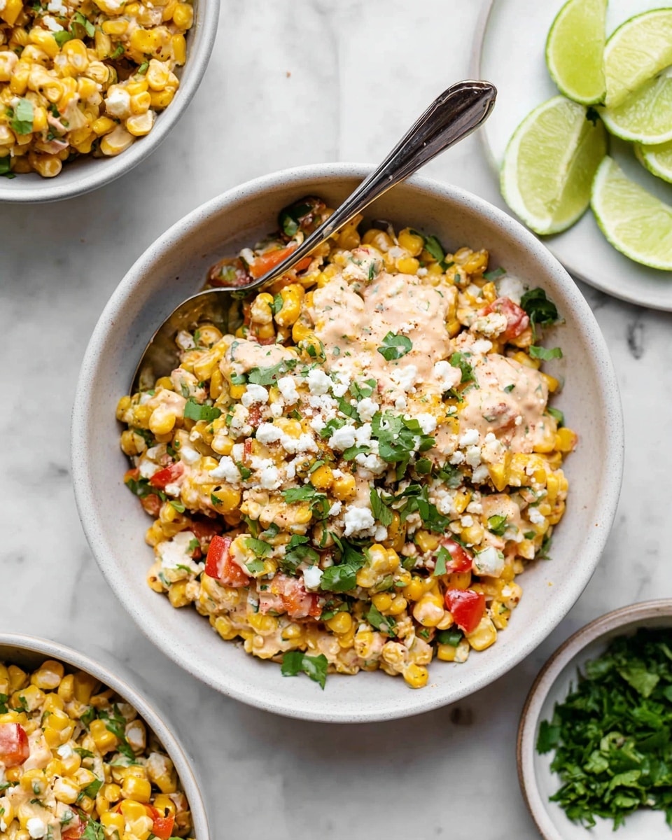 The dish is served in a white bowl filled with a colorful mixture that has three main layers visible: a base of bright yellow corn kernels mixed with pieces of red bell pepper and green herbs, a middle layer of creamy sauce with a light pinkish tone spread unevenly over the corn, and the top layer sprinkled with small bits of crumbled white cheese and fresh green herb leaves. A shiny silver spoon rests inside the bowl on the left side, partially submerged in the dish. Surrounding the bowl on a white marble surface are slices of lime on a white plate to the right and a smaller white bowl filled with chopped green herbs below the main bowl. Another white bowl with a similar corn mixture is partially visible in the bottom left corner. photo taken with an iphone --ar 4:5 --v 7