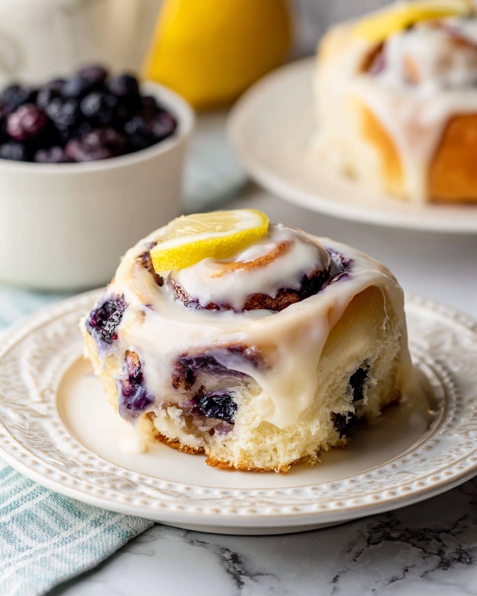 The image shows a single cinnamon roll on a white plate with a detailed edge design. The base layer is a light, fluffy dough with a golden-brown bottom. The middle layer features swirls of dark purple berries mixed with the dough, creating a marbled effect. On top, there is a creamy white icing that is thick and smooth, covering most of the roll and dripping slightly down the sides. A small slice of bright yellow lemon rests on the icing, adding a pop of color. In the background, part of another roll is visible on a similar white plate, along with a white bowl filled with dark purple berries on a white marbled surface. photo taken with an iphone --ar 4:5 --v 7