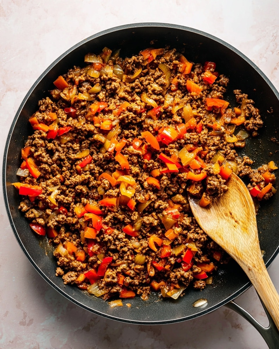 A black frying pan filled with cooked ground meat mixed with bright orange and red bell pepper pieces and some translucent cooked onion chunks, all evenly spread throughout the pan. A wooden spoon with a visible grain pattern rests on the right side, partly inside the pan, stirring the mixture. The pan sits on a white marbled surface that softly reflects light, giving a clean and bright background to the dish. photo taken with an iphone --ar 4:5 --v 7