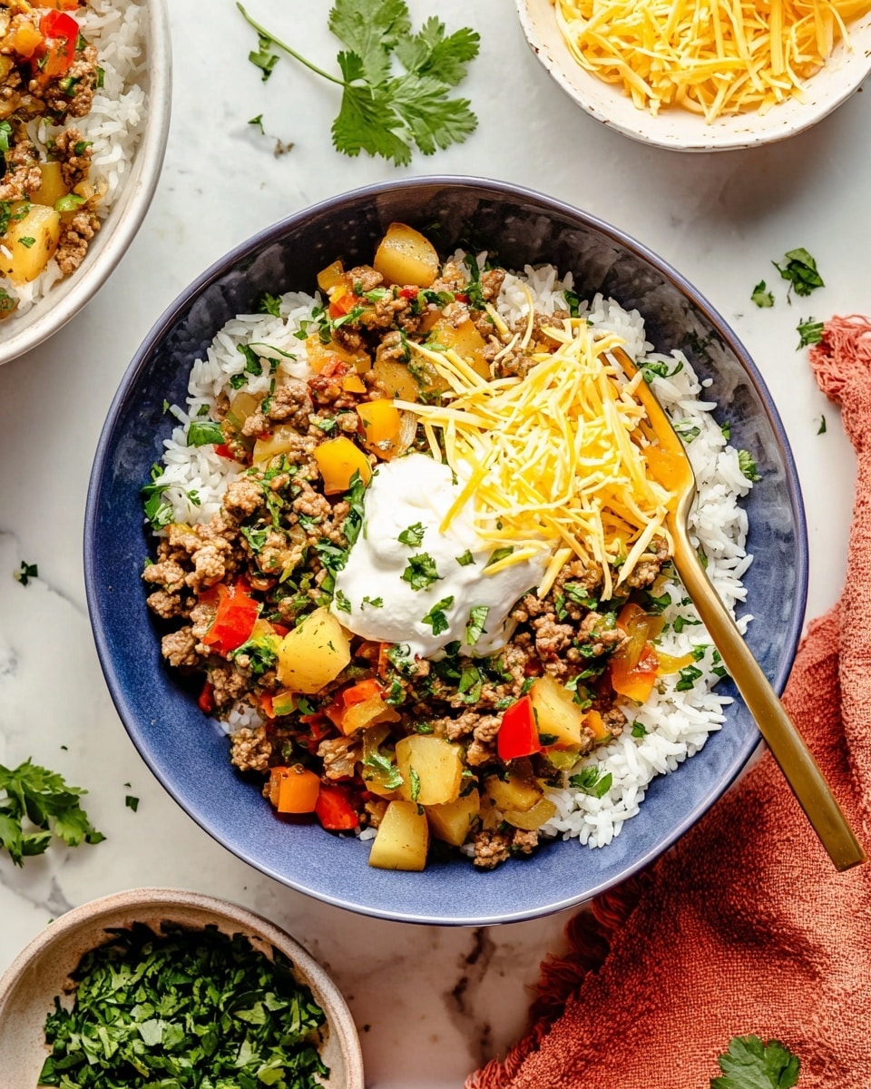 A white bowl with a blue inside holds a layered dish starting with a base of white rice. On top of the rice, there is a mix of cooked ground meat with small diced yellow potatoes, bright red and orange bell peppers, and bits of green herbs. A dollop of white sour cream sits in the center, covered with shredded yellow cheese and sprinkled with fresh chopped green cilantro. A gold fork rests on the right side inside the bowl. Around the bowl, there are small white bowls with more shredded cheese and chopped green herbs scattered on a white marbled surface, with a rust-colored cloth nearby. Photo taken with an iphone --ar 4:5 --v 7