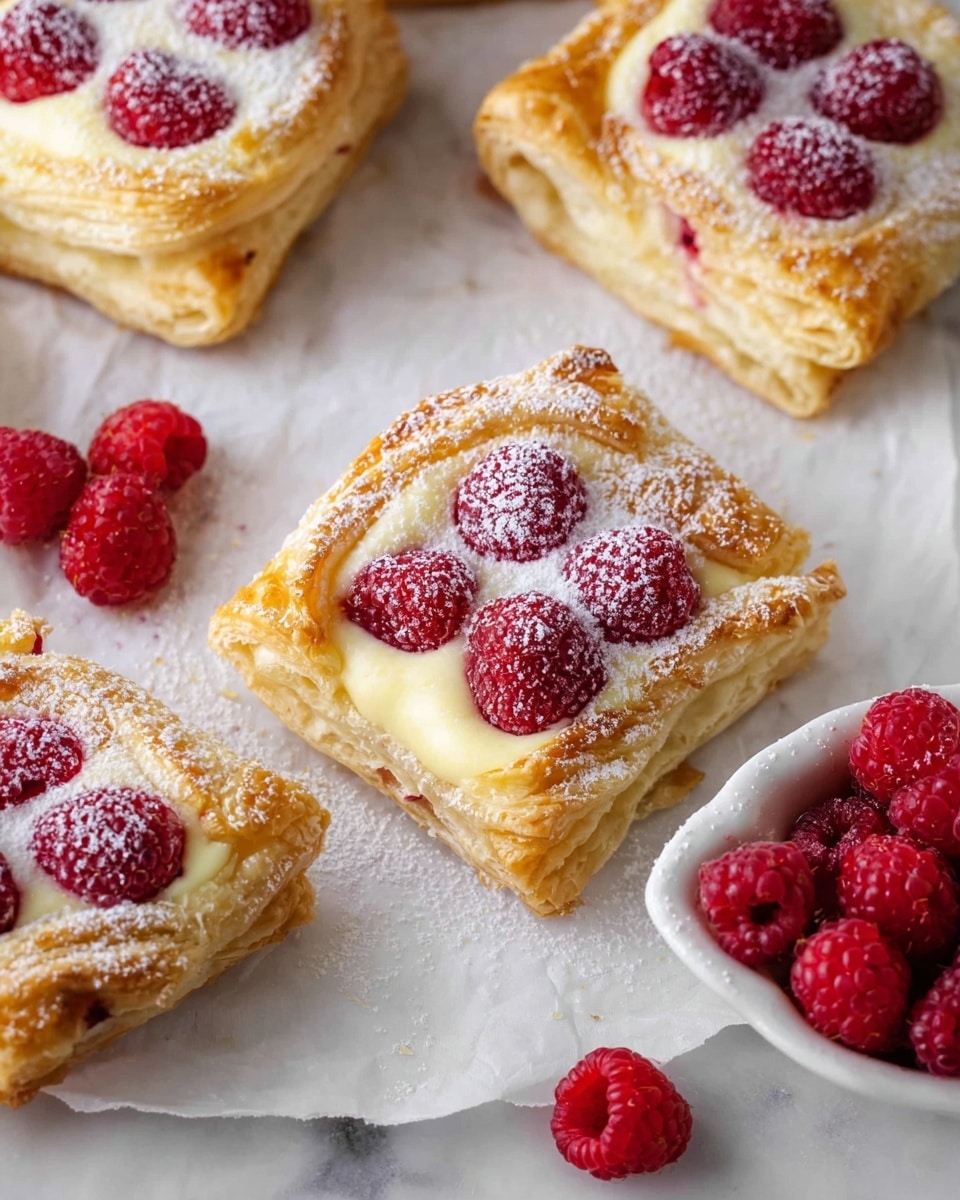 Square-shaped pastries with golden, flaky crusts form the base layer placed on white parchment. Each pastry holds a creamy, pale yellow filling in the middle topped with four to five fresh red raspberries, some dusted lightly with white powdered sugar. The edges of the pastries are puffed and crisp, showing multiple thin, buttery layers. Scattered around the pastries are whole raspberries in a small white dish and directly on the white marbled surface. The photo is bright with soft natural light highlighting the textures and colors, photo taken with an iphone --ar 4:5 --v 7