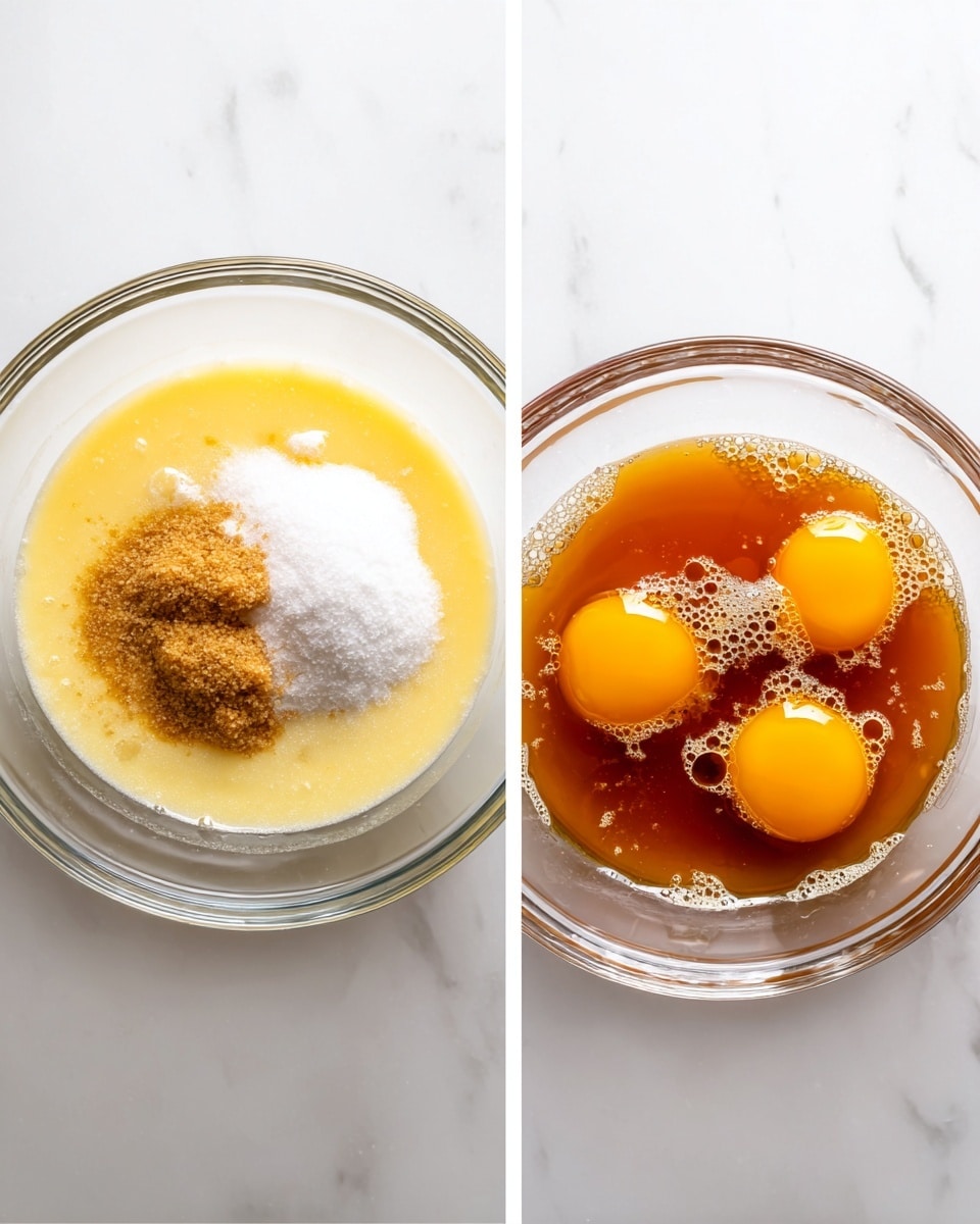 Two clear glass bowls sit side by side on a white marbled surface. The left bowl has four separate layers: a light yellow liquid base, a small pile of white granulated sugar in the front center, light brown sugar on top to the right, and a darker brown sticky syrup at the back. The right bowl shows the same liquids mixed with five bright yellow egg yolks floating on top, creating a smooth, shiny amber surface with small bubbles around the edge. photo taken with an iphone --ar 4:5 --v 7