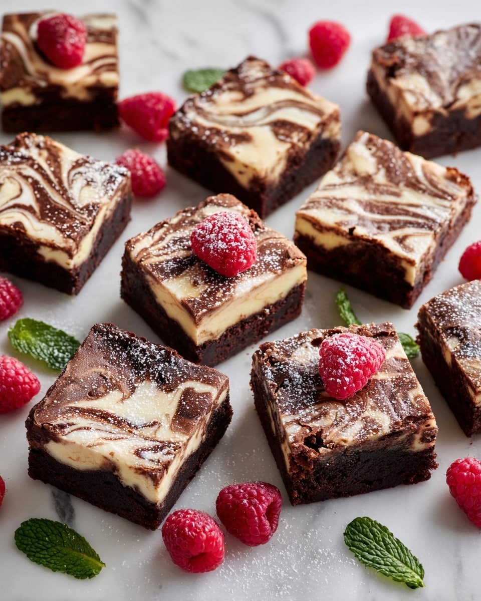 The image shows several square brownies with a marbled top layer that mixes light cream and dark brown swirls, giving a rich and smooth look. Each brownie has two layers he bottom is solid dark chocolate, and the top is a swirled cream color mixed with chocolate, creating a wavy pattern. Some brownies have a fresh raspberry pressed into the top, adding a bright red color that contrasts with the swirls. Light powdered sugar is dusted over the brownies and white marbled surface they rest on. Fresh green mint leaves and more raspberries are scattered around the squares, adding a touch of freshness to the scene. Photo taken with an iphone --ar 4:5 --v 7