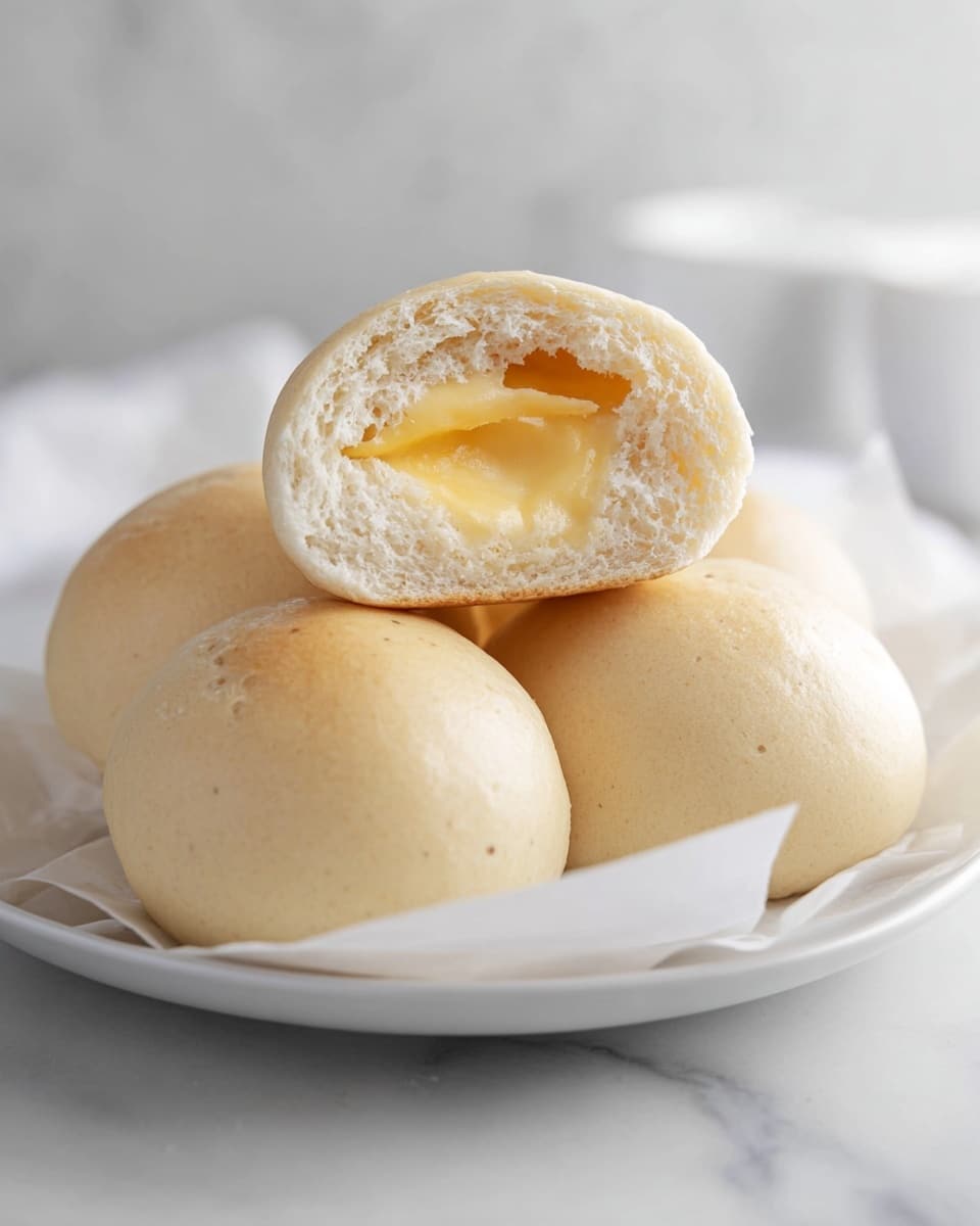 There are four soft, pale beige buns arranged on a white plate, sitting on a white marbled surface. Three buns are whole and smooth with a slightly matte texture, while the fourth bun on top is torn open, showing a creamy, bright yellow filling inside with a smooth and thick texture. The buns have a fluffy, porous inside, and some small pieces of white paper are seen under a few buns. The background is softly blurred light gray and white. Photo taken with an iphone --ar 4:5 --v 7