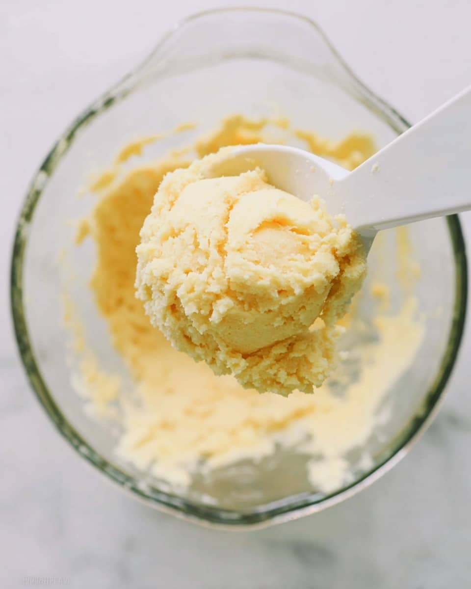 A close-up top view of one scoop of pale yellow dough with a soft and slightly crumbly texture held by a white spatula above a clear glass mixing bowl containing more dough of the same color and texture, all placed on a white marbled surface photo taken with an iphone --ar 4:5 --v 7