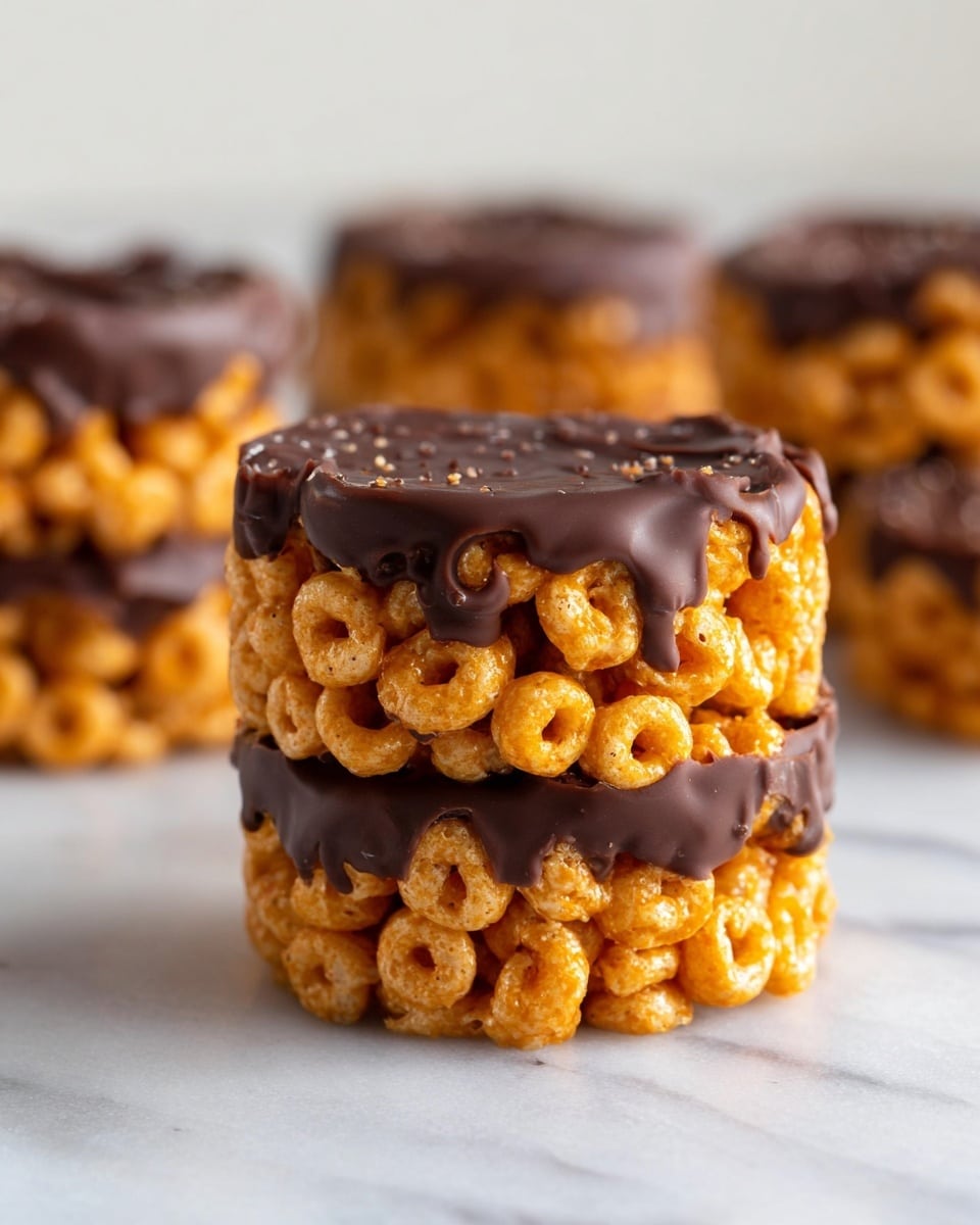 The image shows stacks of two circular cereal treats made with a base layer of small, round, orange-colored cereal pieces bound together and topped with a thick, uneven layer of dark chocolate. The cereal pieces have a slightly glossy texture, and the chocolate layer is shiny and smooth with some edges dripping slightly over the cereal. The treats sit directly on a white marbled surface, with more similar treats softly blurred in the background, creating depth. photo taken with an iphone --ar 4:5 --v 7