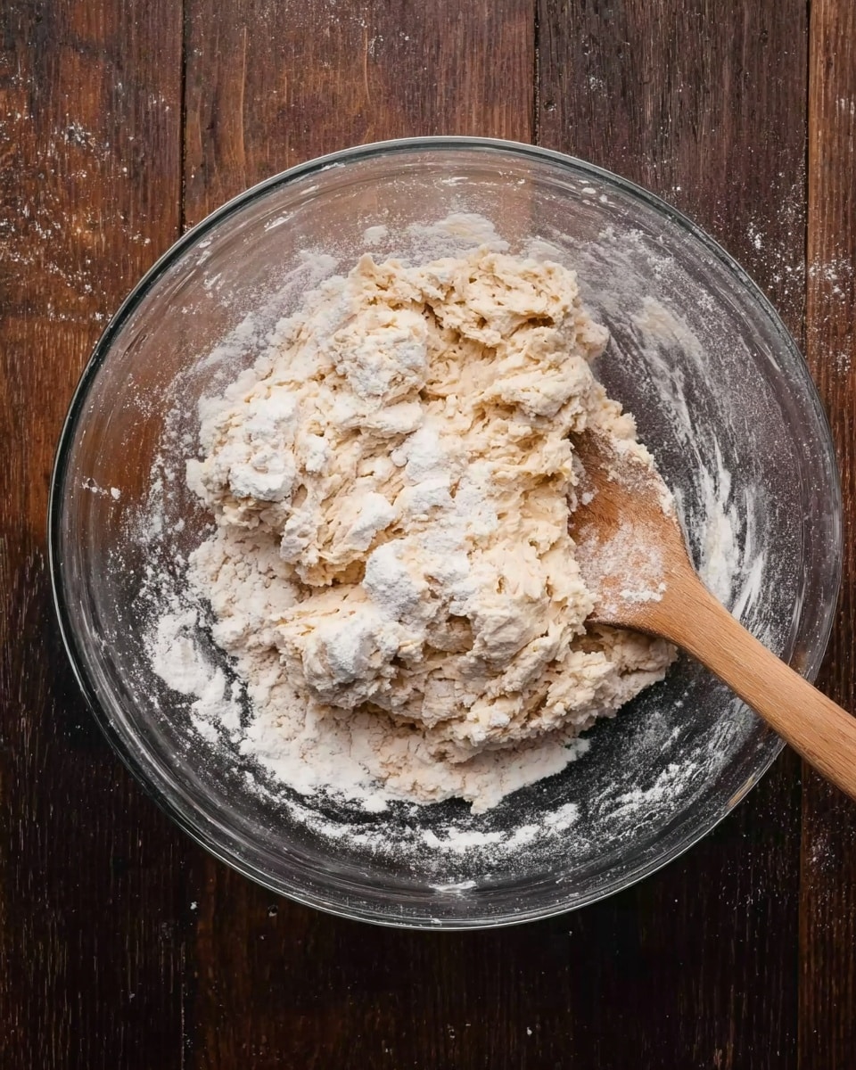 A clear glass bowl sits on a dark wooden surface, filled midway with a rough, uneven dough mixture that is pale beige in color. The dough has soft, clumpy textures and is lightly dusted with white flour both inside the bowl and on the dough itself. A simple wooden spoon rests on the right side inside the bowl, partially covered by the dough. The scene looks rustic and natural. photo taken with an iphone --ar 4:5 --v 7