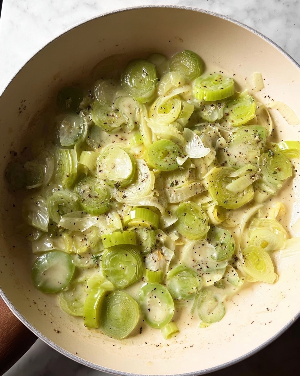 Sliced light green and white leeks are cooked in a creamy sauce, forming an uneven layer that spreads across the inside of a white pan. The leeks have a soft, slightly translucent texture with visible seasoning specks like black pepper and herbs mixed in. The sauce thickly coats the vegetables and pools slightly in some areas, giving a glossy finish. The pan’s light interior contrasts softly against the pale green of the leeks, all placed over a white marbled surface. photo taken with an iphone --ar 4:5 --v 7