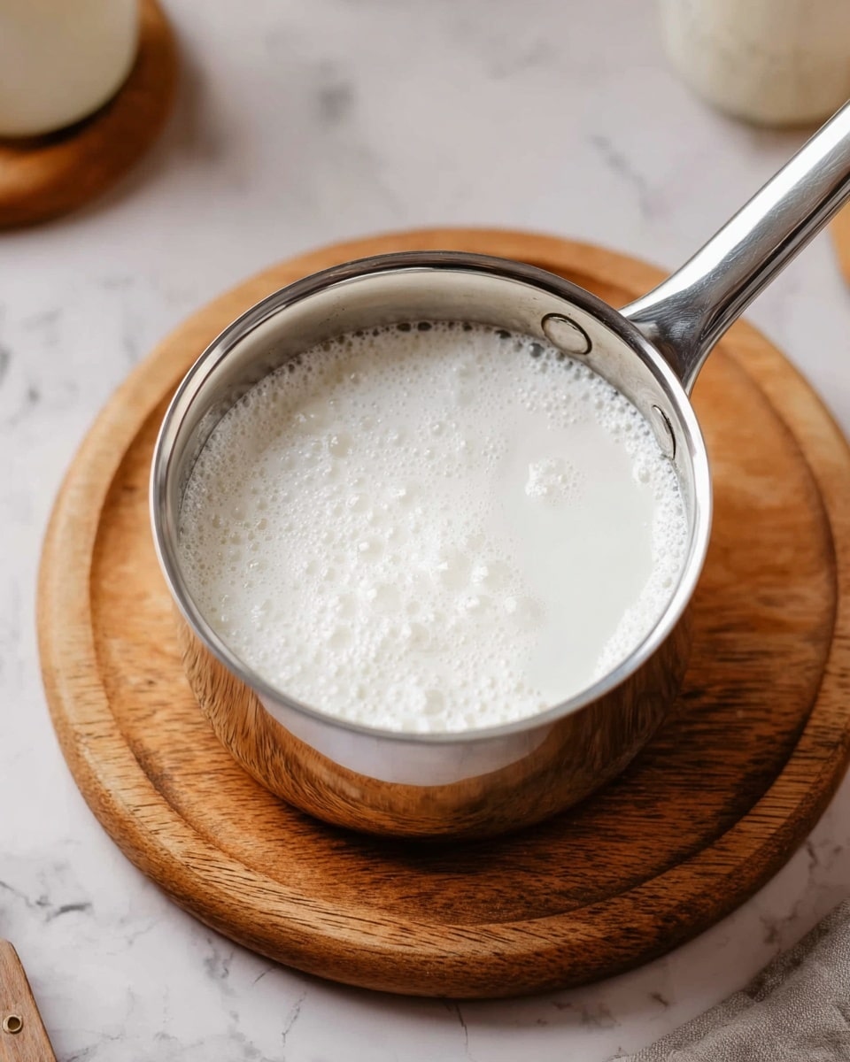 A shiny silver saucepan filled with white frothy liquid is placed on a round wooden board. The surface under the board is a white marbled texture. The saucepan has a long handle and the liquid inside shows bubbles forming on the surface, giving a soft foam texture. The background includes blurred items, but the main focus is on the bubbling white liquid inside the saucepan. Photo taken with an iphone --ar 4:5 --v 7