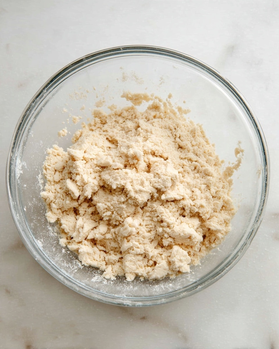 A clear glass bowl filled with a rough, crumbly dough mixture showing loose clumps and a light beige color. The dough looks dry and uneven, sitting at the center of the bowl, which rests on a white marbled surface. The dough's texture is coarse with small lumps spread across the bowl's inside. Photo taken with an iphone --ar 4:5 --v 7