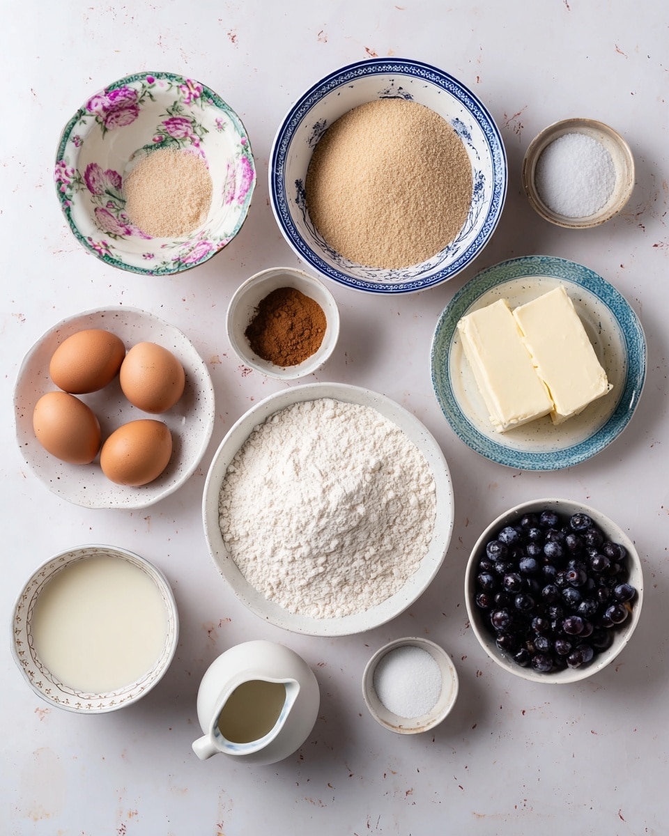 The image shows an overhead view of various baking ingredients arranged on a white marbled surface. There are ten items in total: starting from the top left is a white bowl with a pink and green floral pattern filled with a light beige mixture, next to it is a white bowl with a blue rim filled with fine light brown sugar, below is a small white bowl with brown cinnamon and white salt, two brown eggs rest in the space nearby. Below the eggs is a tiny white pitcher with a small amount of light liquid, next to it is a small white cup with light brown sugar. In the center is a large white bowl filled with white flour. To the right top side is a small white bowl with butter, below it is a white bowl filled with dark blueberries, and below that is a small white cup with white milk. The photo is taken with an iphone --ar 4:5 --v 7