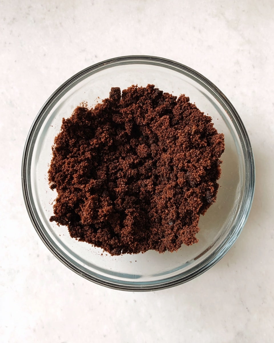 A clear glass bowl contains a dark brown crumbly mixture that looks dense and slightly moist with a rough texture. The mixture is pressed and uneven on the surface with small clumps, showing a grainy chocolate color. The bowl is set on a white marbled surface, creating a clean and bright background that highlights the dark mix inside the bowl. photo taken with an iphone --ar 4:5 --v 7