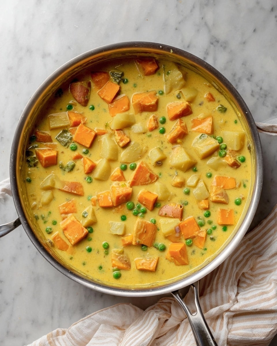 A large silver pan filled with a creamy yellow curry. The curry contains several small chunks of orange sweet potatoes, light yellow potatoes, and scattered green peas. The vegetables are evenly mixed in the thick sauce, covering the bottom and middle parts of the pan. The pan is placed on a white marbled surface with a white and gray striped cloth partially visible at the bottom right corner. photo taken with an iphone --ar 4:5 --v 7