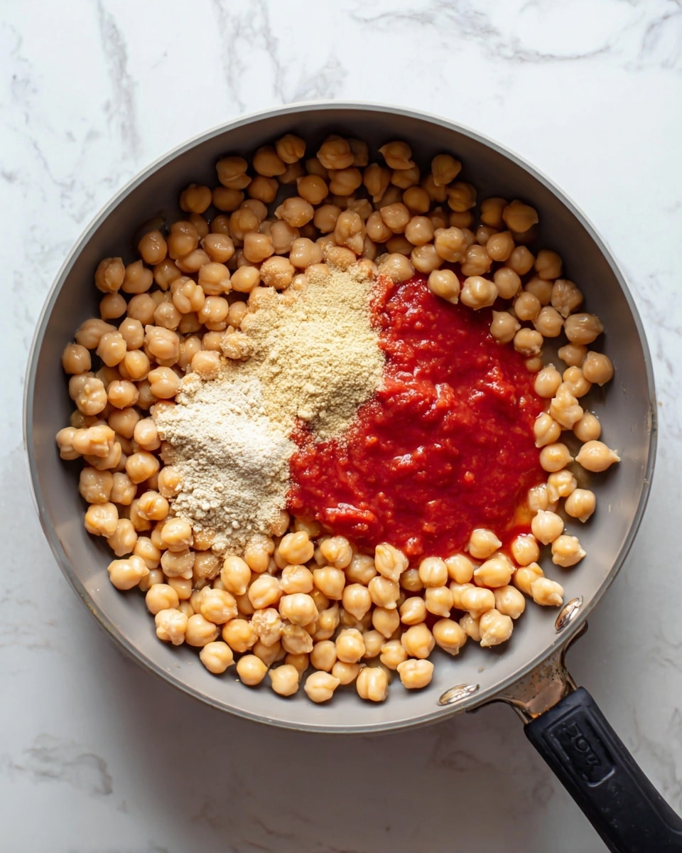 A gray pan sits on a white marbled surface, filled with light brown chickpeas arranged mostly around the edges and a small pile toward the top left. In the center is a bright red sauce layer partially covered by some of the chickpeas. Two small piles of light beige powders sit on the left side of the pan over the chickpeas. The pan handle is black and visible on the bottom right side of the image. Photo taken with an iphone --ar 4:5 --v 7