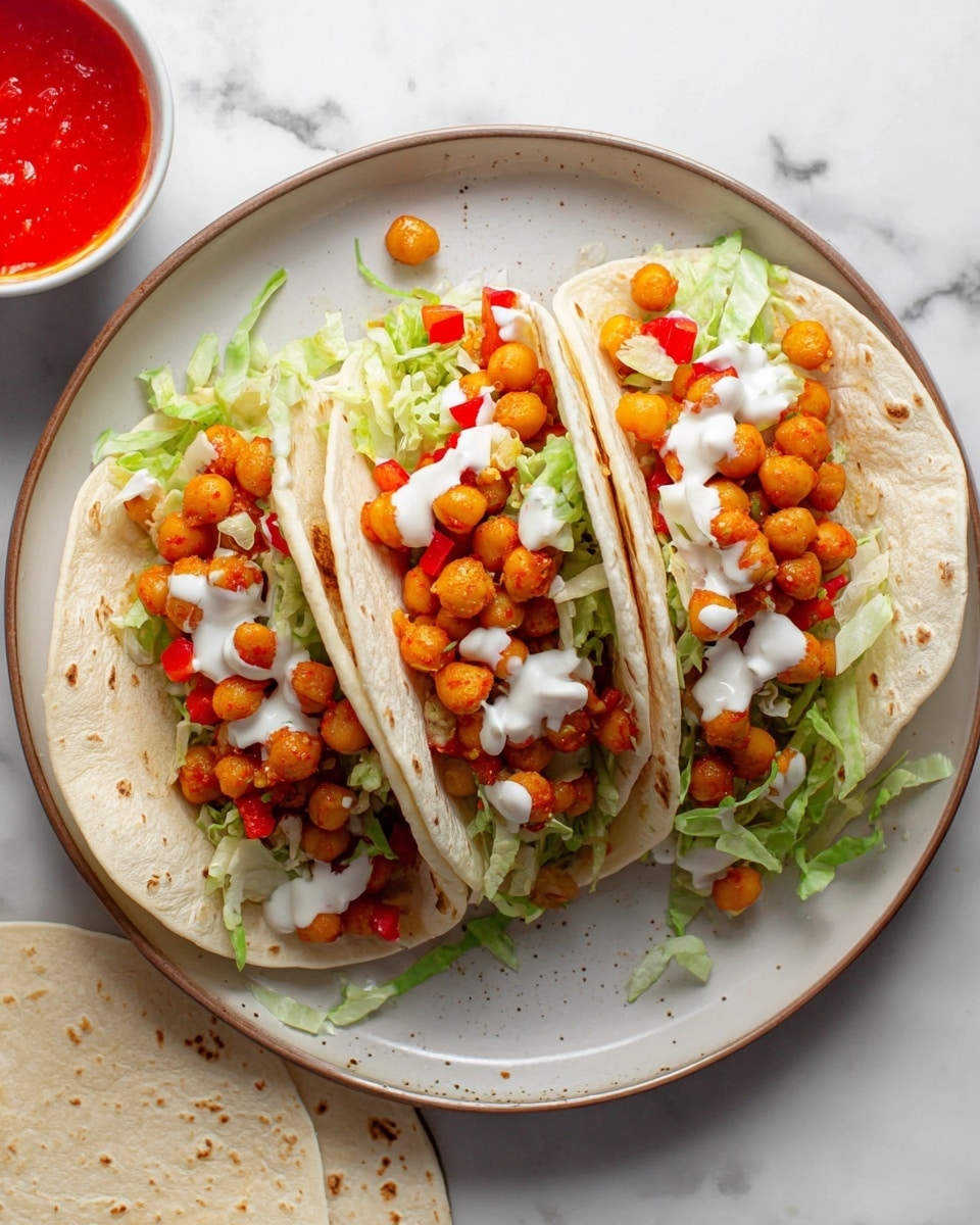 Three soft flour tortillas lie open on a white plate, each filled with a layer of orange chickpeas, topped with small bits of red bell pepper and shredded light green lettuce. Drizzled on top are spots of white creamy sauce. The plate sits on a white marbled surface, with part of another tortilla visible at the bottom left, and a small white bowl with bright red sauce can be seen at the top left corner of the image photo taken with an iphone --ar 4:5 --v 7