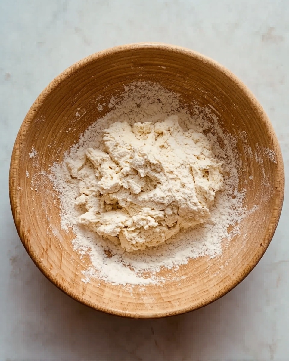 A white wooden bowl filled with a small mound of pale, floury dough rests on a white marbled surface. The dough looks soft and slightly crumbly, with some loose flour dusted around the edges inside the bowl. The bowl has subtle grain patterns and warm wooden tones that contrast with the light dough and background. Photo taken with an iphone --ar 4:5 --v 7
