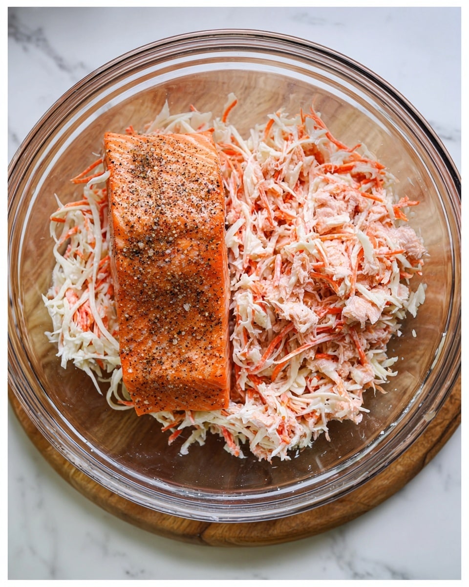 A clear glass bowl sits on a white marbled surface, containing two layers; the bottom layer is white and red shredded crab sticks with thin strips and a slightly glossy texture, topped by a thick, cooked salmon fillet with a pinkish-orange color and black pepper seasoning evenly spread on top in the left image. In the right image, the contents inside the clear glass bowl are mixed together, showing a fluffy mix of white and red shredded crab sticks blended with small chunks and flakes of cooked salmon, creating a textured and colorful mix. Photo taken with an iphone --ar 4:5 --v 7