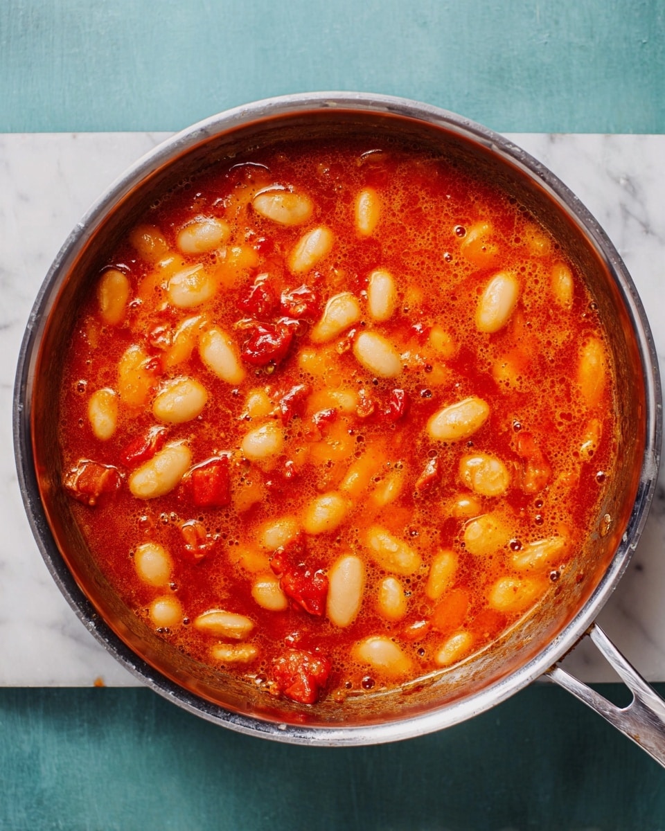 A shiny metal pan sits on a white marbled surface filled with a rich red-orange stew. The stew has large white beans floating throughout, some slightly soft in texture, mixed evenly with chunks of deeper red ingredients, likely tomatoes or peppers. The thick broth shows small bubbles and a light layer of oil on top, giving a glossy finish. The pan handle extends out to the right side, and the teal-colored background suggests a cooking setting. photo taken with an iphone --ar 4:5 --v 7