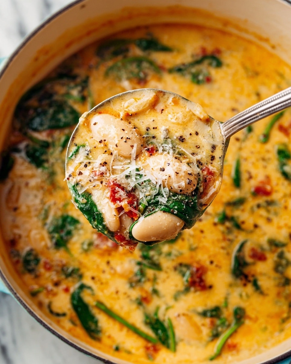 A close-up view of a large white pot filled with creamy soup that has a yellow-orange base, mixed with green leafy vegetables, small red pieces, and white beans. A silver spoon in the center is lifting a scoop of the soup, showing creamy thick texture with beans, bits of green leaves, red bits, and a sprinkle of shredded white cheese and black pepper on top. The background is a white marbled surface. Photo taken with an iphone --ar 4:5 --v 7