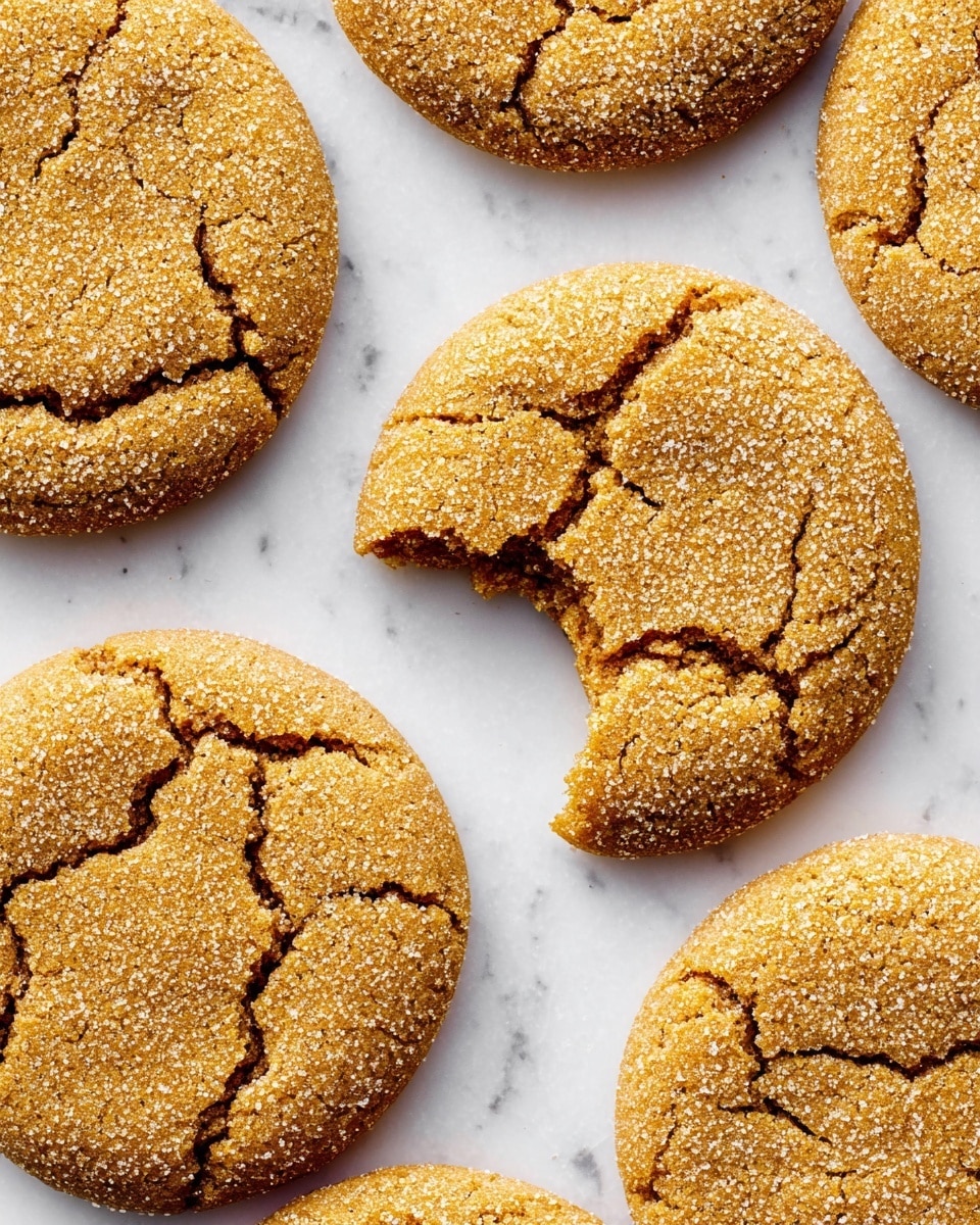 The image shows a close-up of several round golden brown cookies with cracked surfaces and a sugar-coated texture. One cookie near the center has a visible bite taken from the edge, revealing a soft inside. The cookies lie flat on a white marbled surface, arranged closely but not touching each other. The lighting highlights the sugar crystals and the cracks in the cookie tops, adding depth and texture photo taken with an iphone --ar 4:5 --v 7