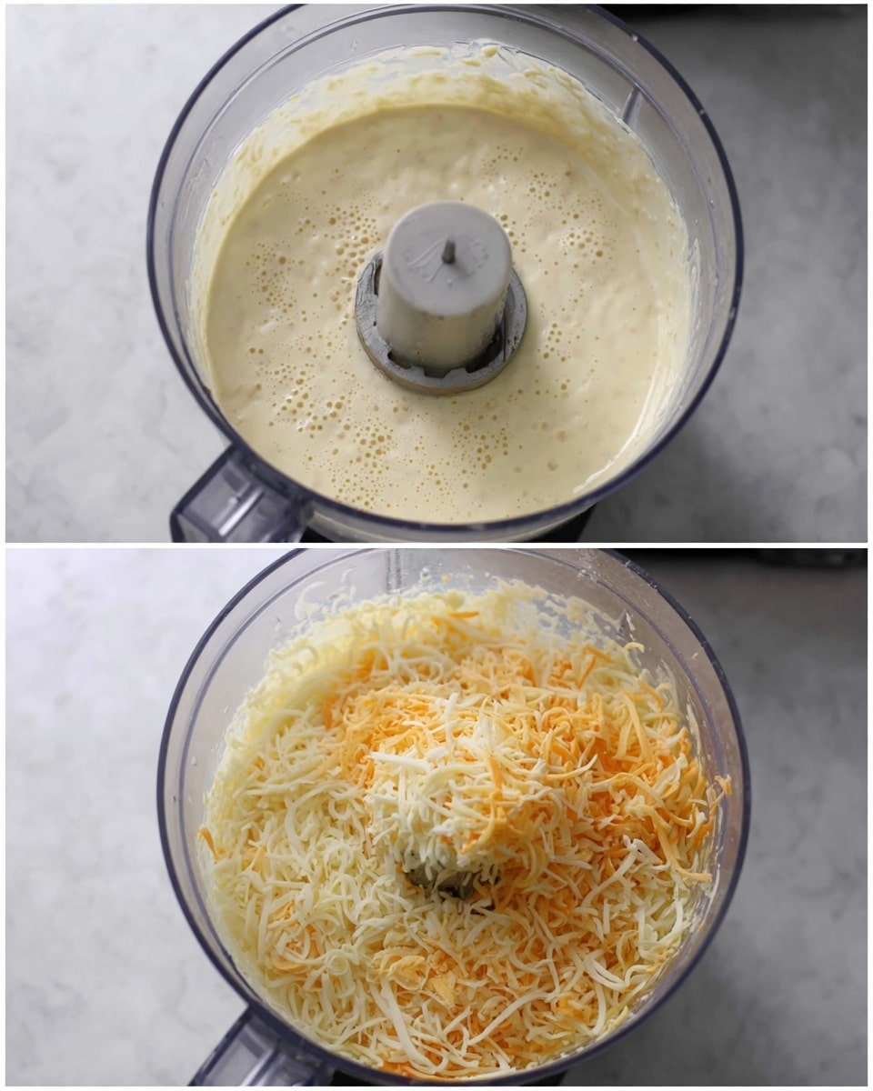 The image shows two photos of a clear food processor bowl on a white marbled surface. In the first photo, the bowl is filled with a thick, creamy, pale yellow mixture with small bubbles on top. The food processor blade is visible in the center, partly covered by the mixture. In the second photo, the same creamy mixture is in the bowl but now topped with a generous layer of shredded cheese, with light yellow and orange colors mixed together. The cheese rests on top in a loose pile, covering part of the creamy base below. Photo taken with an iphone --ar 4:5 --v 7
