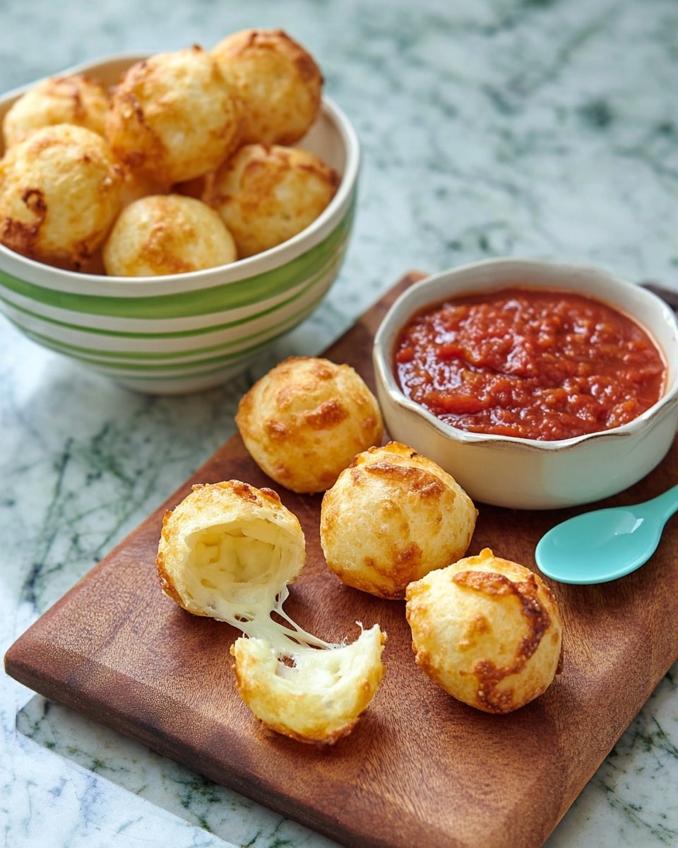 The image shows a wooden board with seven small, round, golden brown cheese bread balls, some with slightly puffed tops and crispy edges. One cheese bread ball is broken open, revealing a soft, airy inside. Next to them is a small white sauce dish filled with chunky, bright red marinara sauce. A small light turquoise spoon rests beside the dish on the board. In the background, there is a white bowl with a green striped pattern holding more cheese bread balls, all placed on a surface with a white marbled texture photo taken with an iphone --ar 4:5 --v 7
