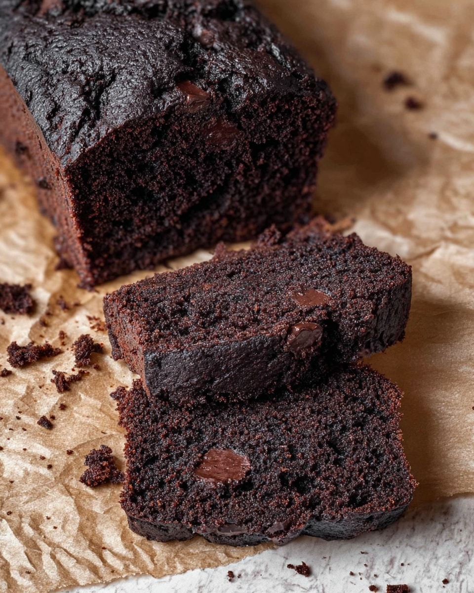 The image shows a dark chocolate loaf cake with one large slice and a smaller piece cut from it, placed on crinkled brown paper. The cake has a rich black-brown color with a dense and moist texture, dotted with chunks of darker chocolate. The top layer is uneven with a slightly cracked surface, showing a rough and rustic look. Cake crumbs are scattered around the slices, enhancing its homemade feel. The background is a white marbled texture. photo taken with an iphone --ar 4:5 --v 7