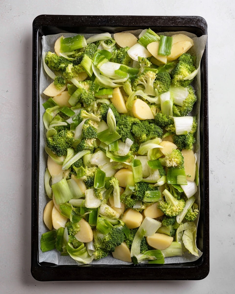 A black baking tray lined with white parchment paper is filled with raw vegetables spread evenly. The vegetables include green broccoli florets with a bumpy texture, light cream-colored potato chunks with smooth skins, pale rings of leek, and long green slices of leek leaves. All are mixed together covering the entire tray, creating a bright mix of green and cream colors on a white marbled surface. photo taken with an iphone --ar 4:5 --v 7