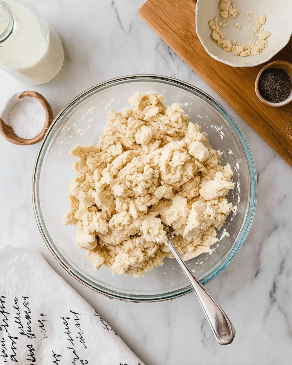 A clear glass bowl sits on a white marbled surface, filled with a crumbly mixture of dough that is light beige in color with a rough texture, clumped unevenly across the bowl. A silver fork is partially placed into the dough mix on the right side of the bowl. Nearby, a wooden board holds a white ceramic bowl with some small bits of dough inside, a small glass bottle of milk, and a small round dark container of salt. A white cloth with black script writing is at the bottom left corner of the image. photo taken with an iphone --ar 4:5 --v 7