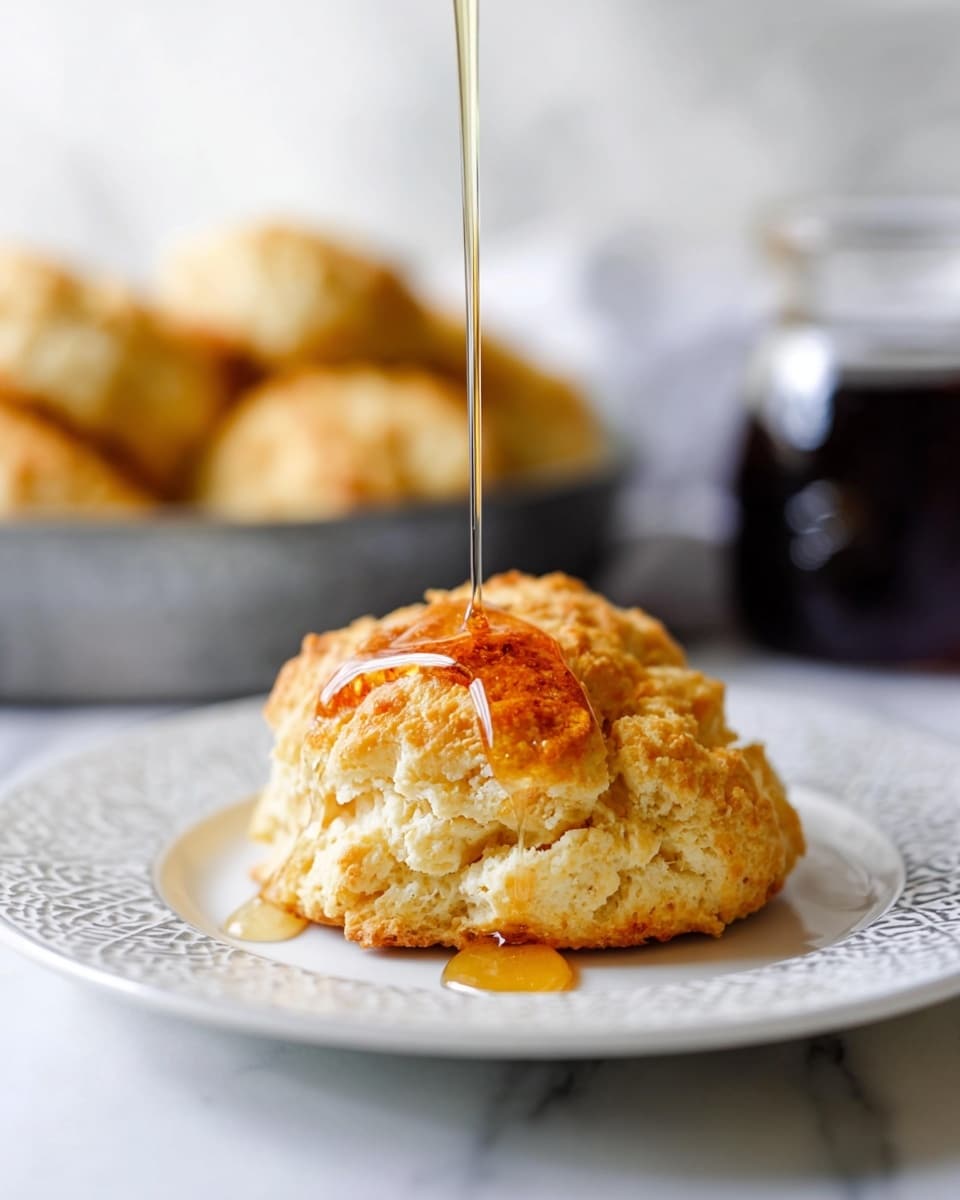 A golden biscuit with a rough, uneven surface sits in the center of a white plate with a patterned rim. A thin stream of honey is being poured onto the biscuit, creating a shiny drop that catches the light. In the blurry background, there is a round metal baking dish holding more biscuits and a glass jar filled with a dark substance, placed on a white marbled surface. The photo focuses closely on the biscuit and honey. photo taken with an iphone --ar 4:5 --v 7