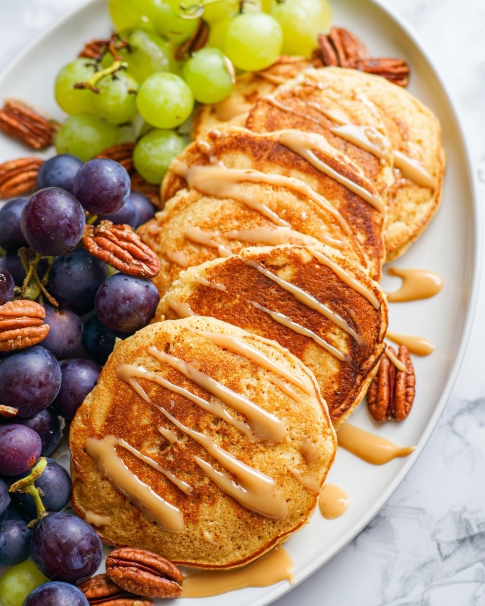 The image shows a white plate with a pile of golden-brown pancakes arranged in two overlapping rows, each pancake with a slightly crispy surface and soft texture. Light brown sauce is drizzled over the pancakes in thin lines, adding contrast to the warm tones. On the side, there is a mix of fresh purple and green grapes with glossy skins and some pecan nuts scattered around, adding natural green and brown colors beside the pancakes. The plate sits on a white marbled surface, enhancing the bright, fresh look of the dish. Photo taken with an iphone --ar 4:5 --v 7
