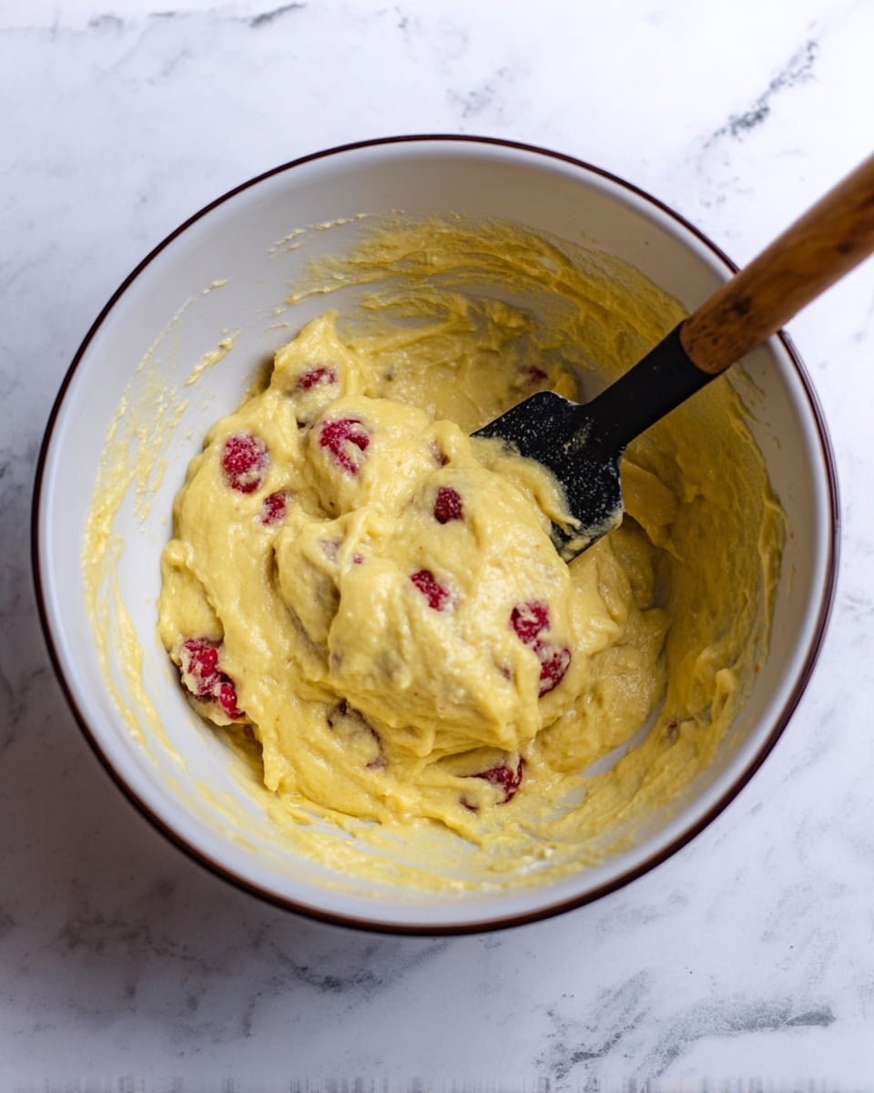A white bowl with a dark rim sits on a white marbled surface, filled with thick yellow batter mixed with red raspberries scattered throughout. A black spatula with a brown wooden handle rests inside the bowl, partially covered in the batter, as if stirring the mixture. The batter has a smooth and creamy texture with some lumps from the raspberries. photo taken with an iphone --ar 4:5 --v 7