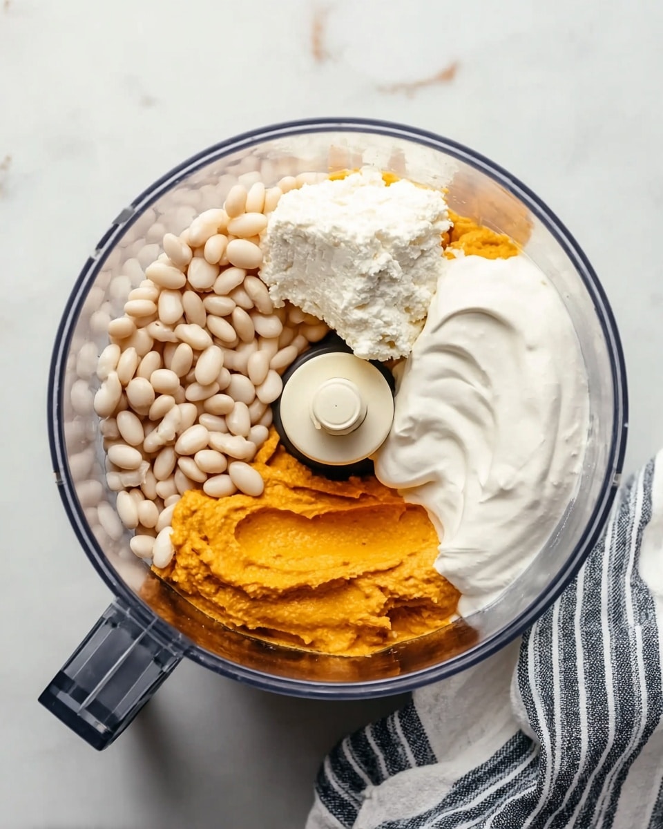 A clear round food processor bowl sits on a white marbled surface, filled with four distinct layers of ingredients, each visible and separated. On the left, there is a layer of small white beans with a smooth texture, next to a dollop of thick white cream, creamy and rich-looking, occupying the bottom right side. Above this cream on the right side, there is a bright orange, smooth and dense creamy layer, and at the top center, a smaller portion of a white, thick cheese is placed with a slightly crumbly texture. A woman's hand reaches from the top right corner toward the bowl. A white and navy striped cloth napkin lies partially visible on the right edge. Photo taken with an iphone --ar 4:5 --v 7