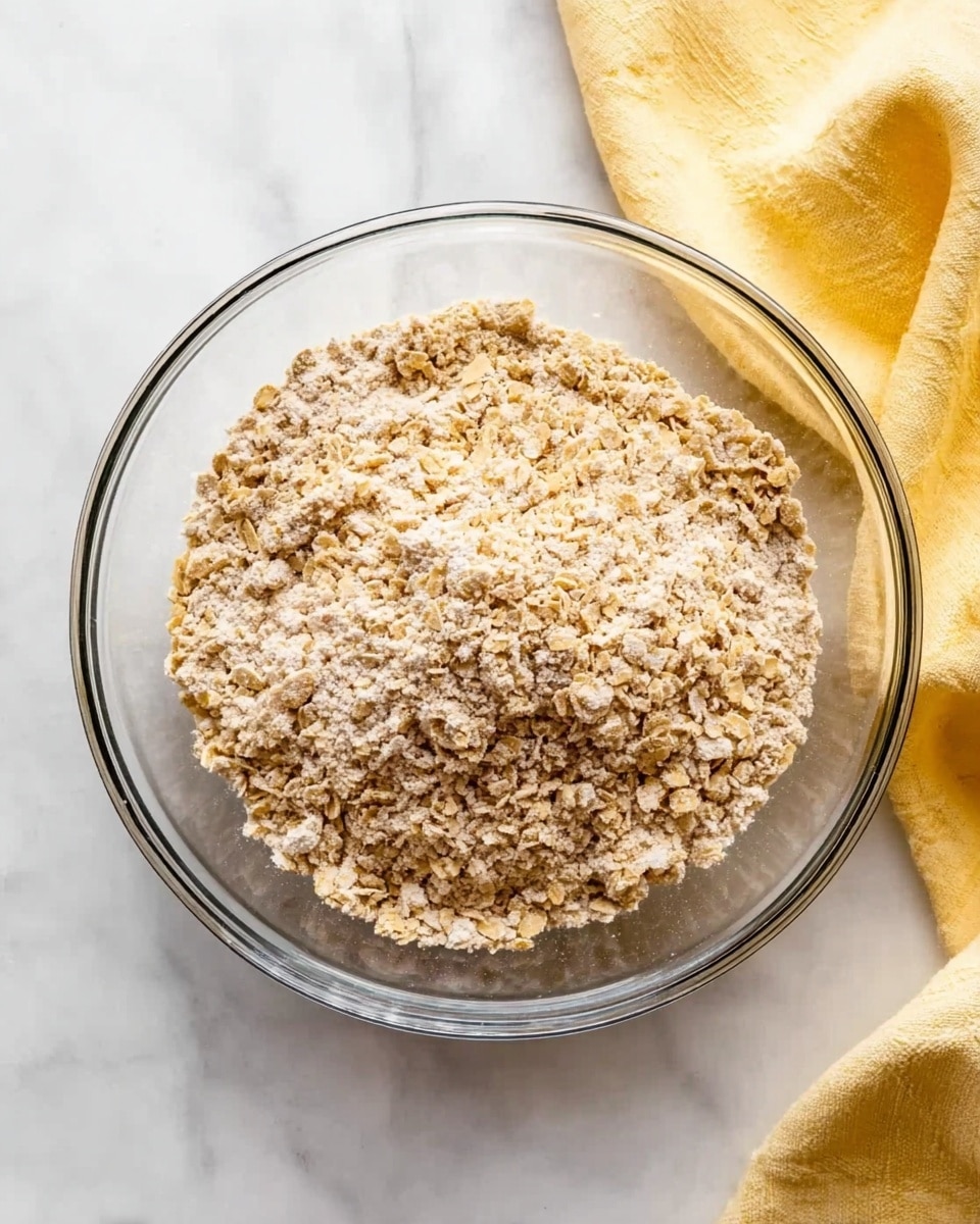 A clear glass bowl filled with a crumbly mixture made of light brown oats and flour sits on a white marbled surface. The texture looks rough and grainy, with visible clumps of the dry ingredients mixed unevenly. To the upper right of the bowl, there is a soft yellow cloth with a subtle pattern, casually placed and slightly crumpled. The scene is bright and simple, focusing on the natural colors of the crumble mix and clear bowl, with soft shadows adding depth. photo taken with an iphone --ar 4:5 --v 7