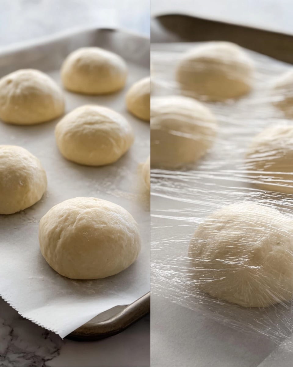 The image shows soft, pale dough balls placed on white parchment paper, arranged in rows on a baking tray. The dough balls look smooth and slightly rounded on top with a light, raw texture. On the right, one dough ball is covered with a clear plastic wrap that adds a shiny, slightly wrinkled layer over it. The background is a white marbled surface. photo taken with an iphone --ar 4:5 --v 7