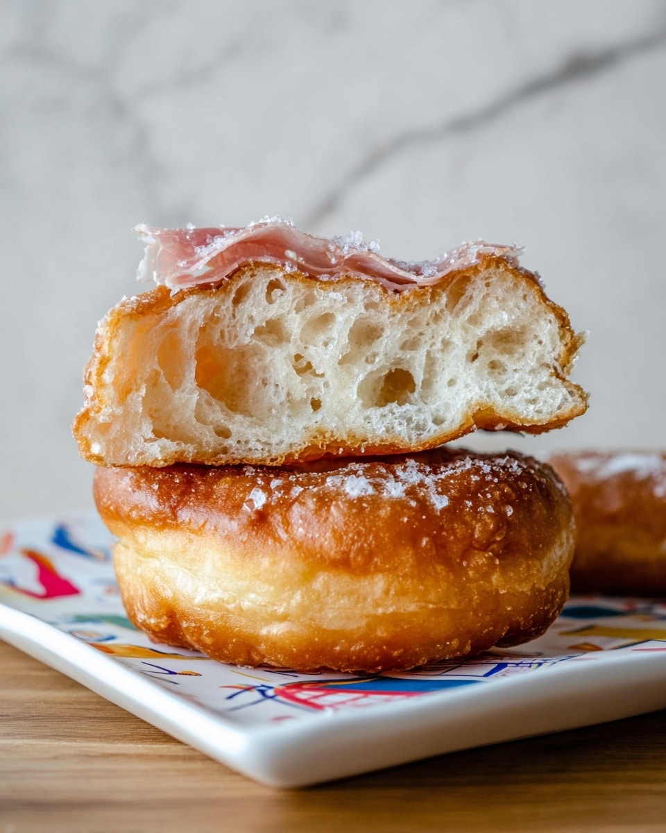 A close-up image shows two layers of fried dough stacked; the bottom layer is a golden-brown, round piece with a slightly rough, crispy outside, while the top layer is a broken piece revealing a soft, airy, and light inside with many small holes; this top piece is covered with thin, slightly translucent slices of cured meat that have a light pink color and are sprinkled with small white crumbs, all sitting on a white rectangular plate with colorful printed designs on the side, placed on a wooden surface with a white marbled background photo taken with an iphone --ar 4:5 --v 7